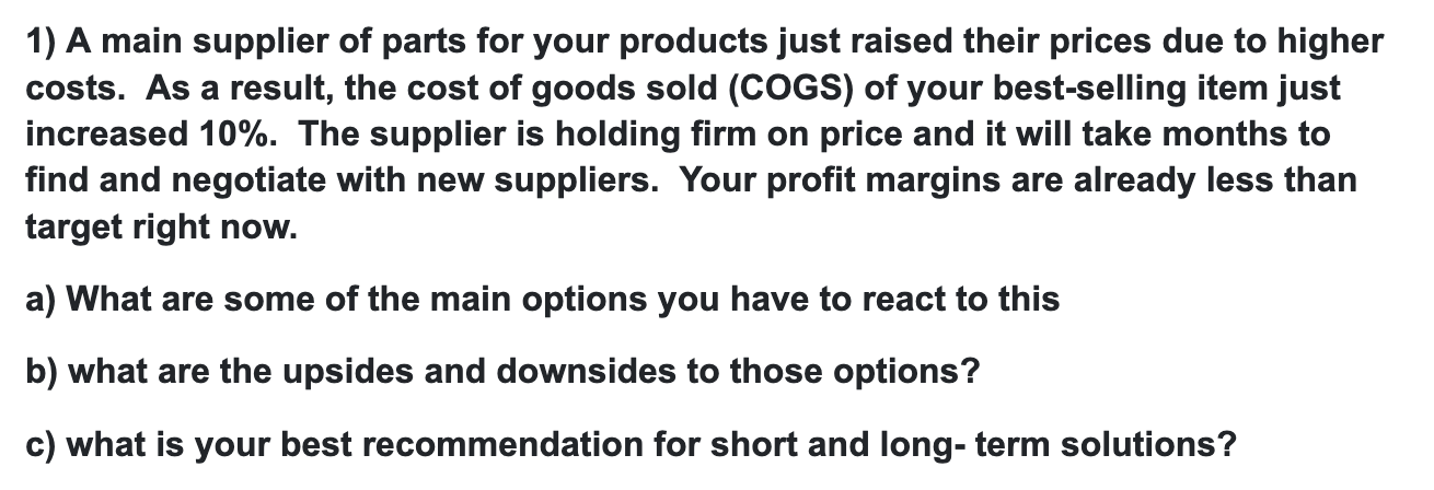 1) A main supplier of parts for your products