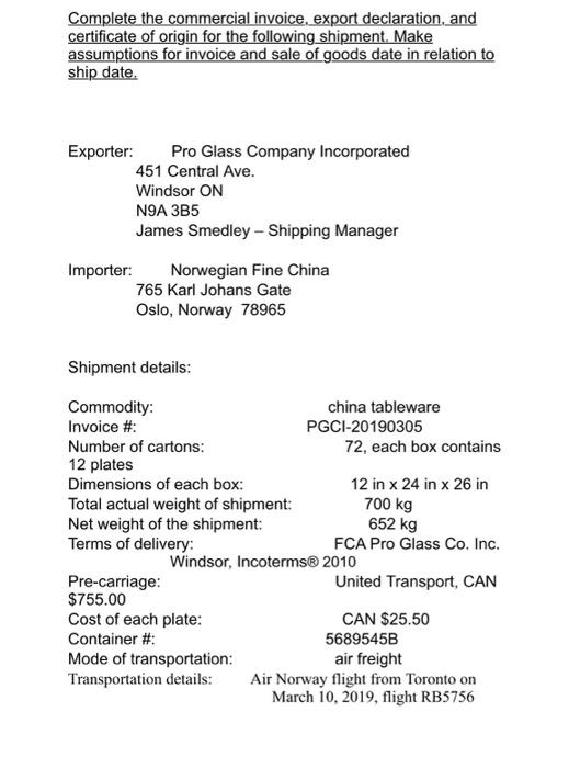 Complete the commercial invoice, export