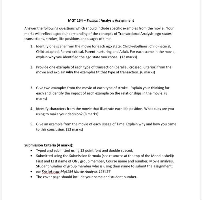MGT 154 - Twilight Analysis Assignment Answer the