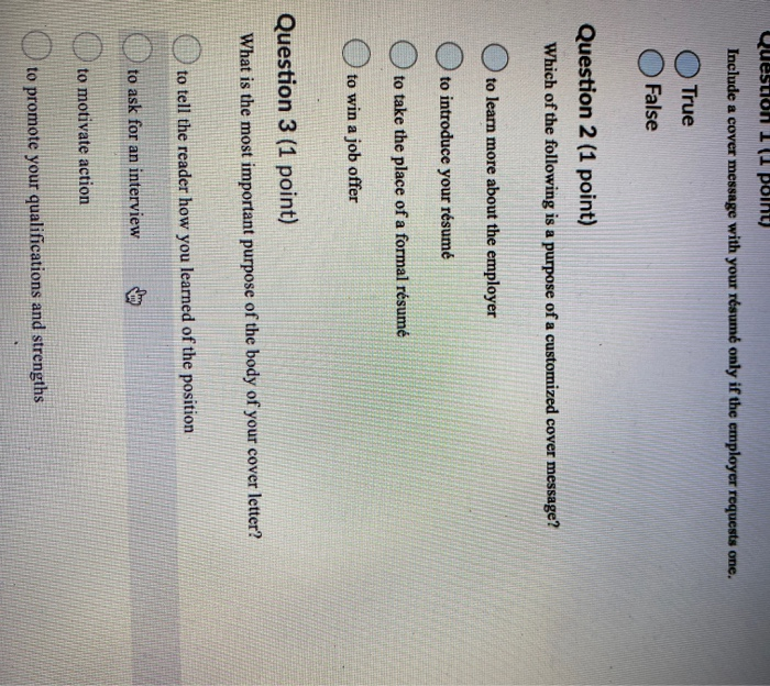 Question 11 point) Include a cover message with