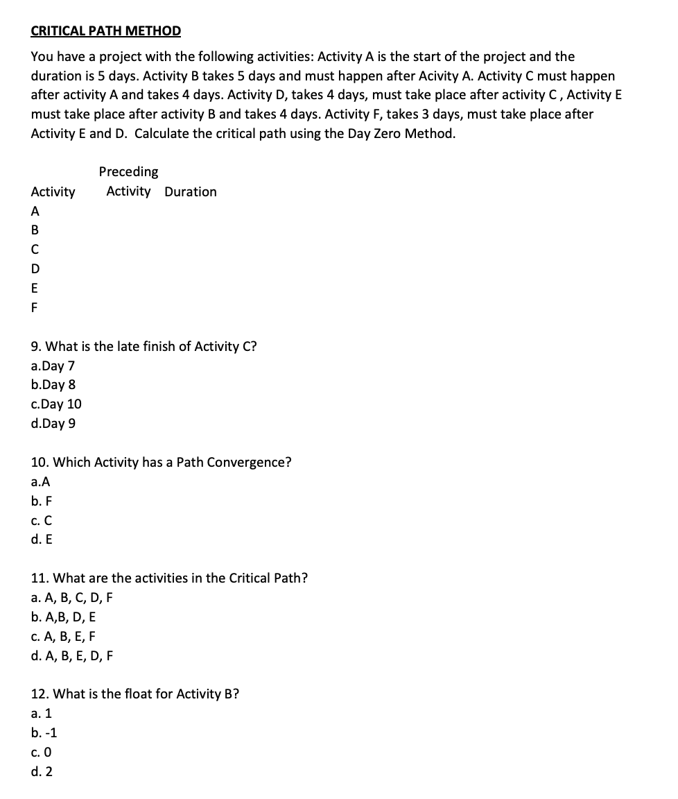 CRITICAL PATH METHOD You have a project with the