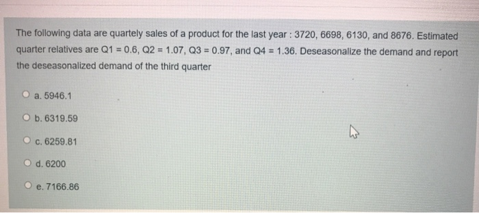 The following data are quartely sales of a