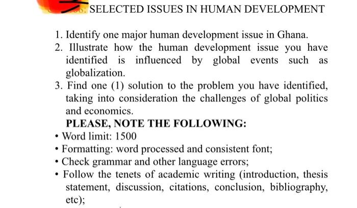 SELECTED ISSUES IN HUMAN DEVELOPMENT 1. Identify