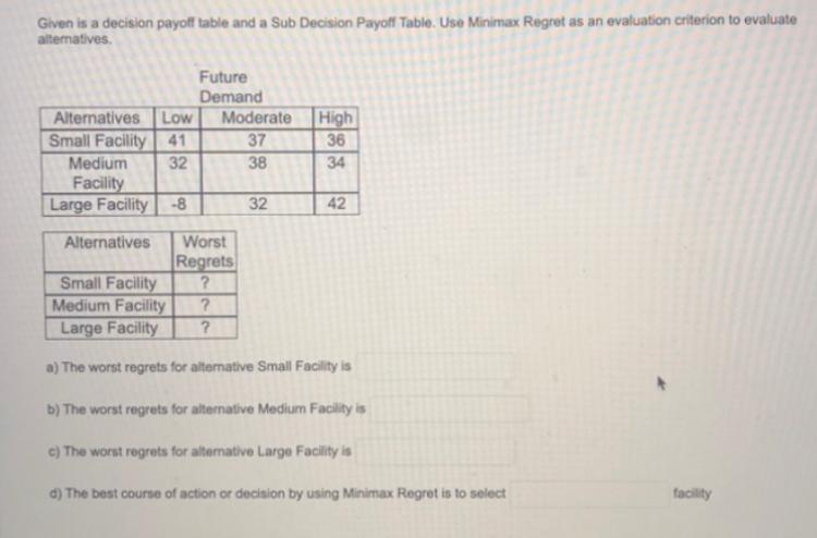 Given is a decision payoff table and a Sub