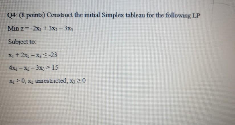 Q4: (8 points) Construct the initial Simplex