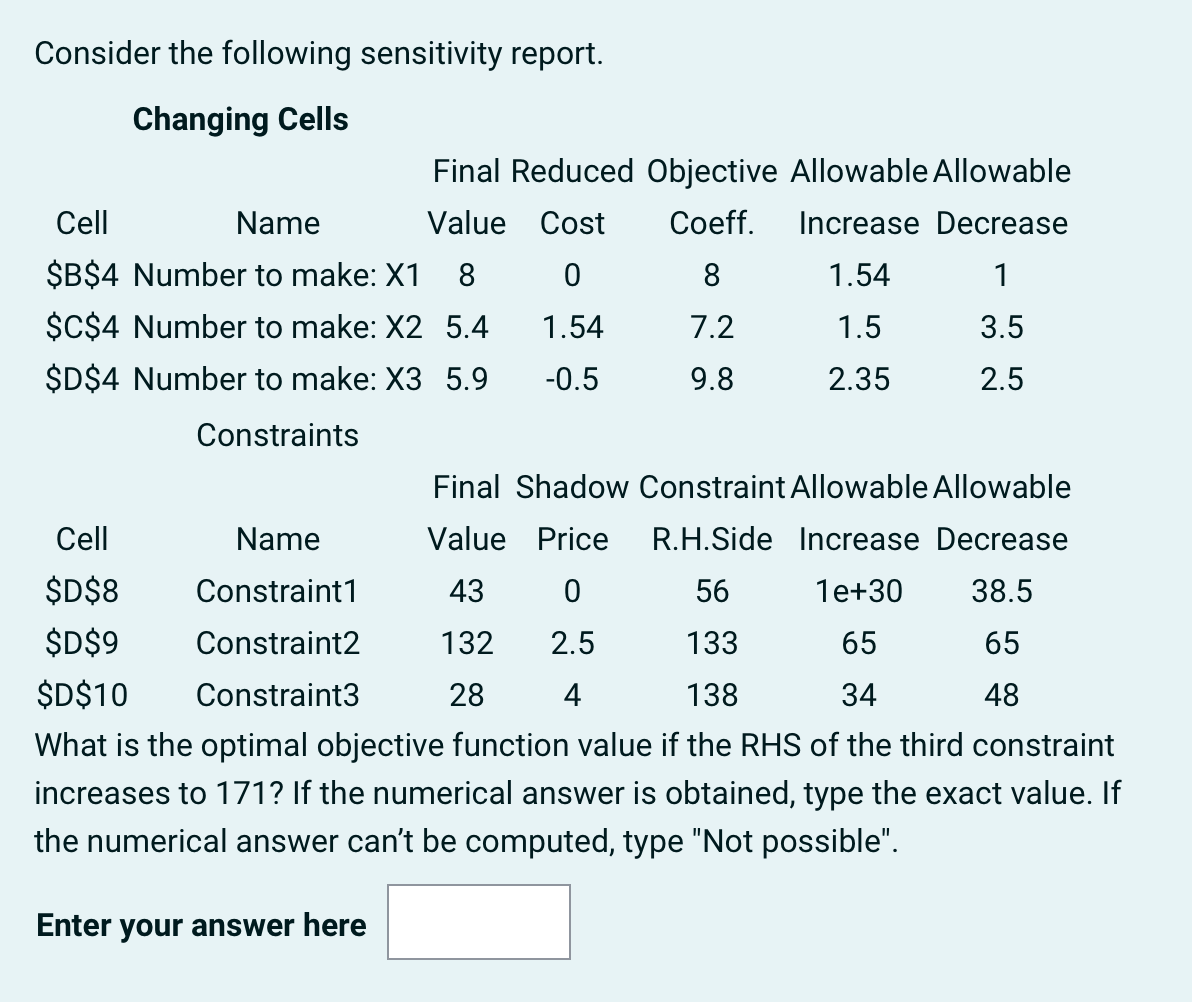 Consider the following sensitivity report.