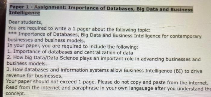 Paper 1- Assignment: Importance of Databases, Big