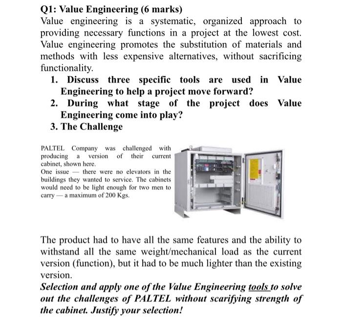 Q1: Value Engineering (6 marks) Value engineering