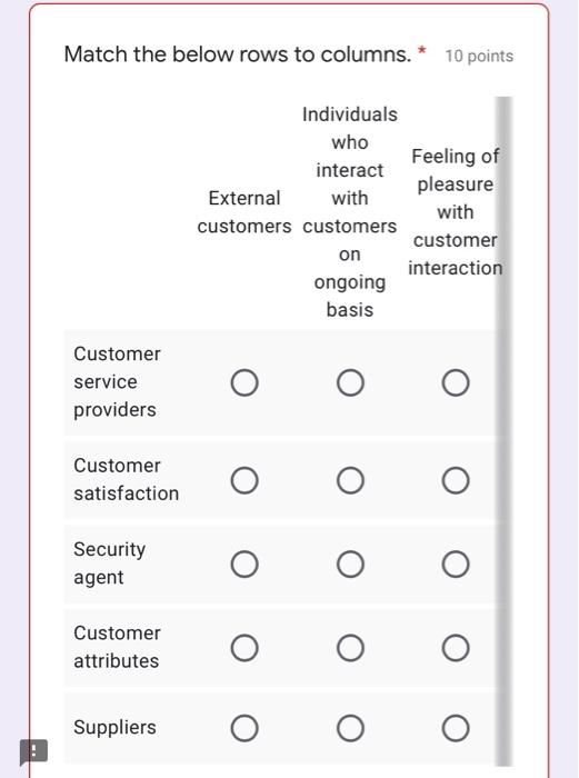 Match the below rows to columns. * 10 points