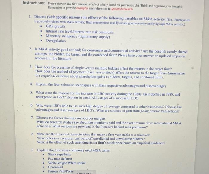 Instructions: Please answer any five questions