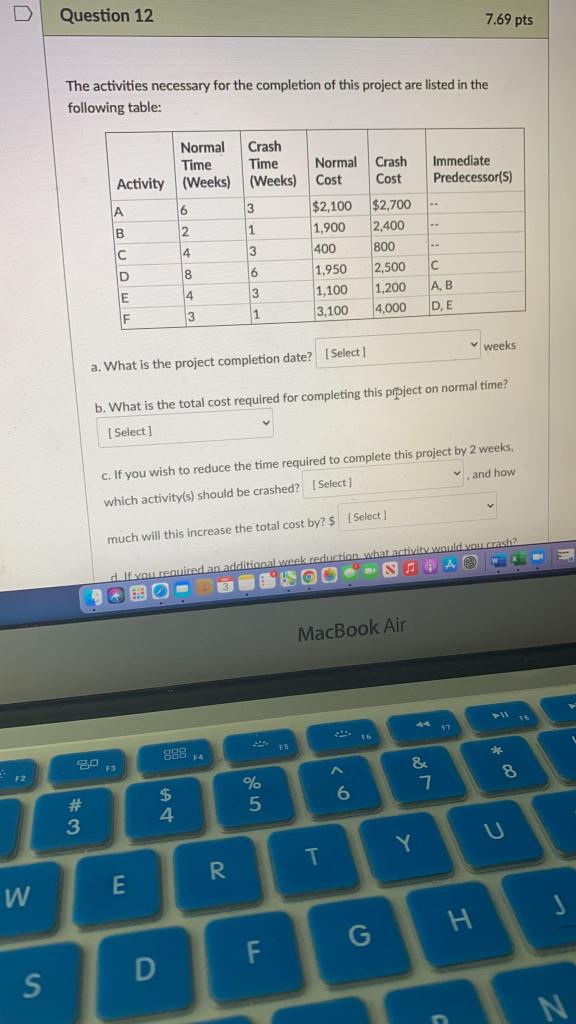 Question 12 7.69 pts The activities necessary for