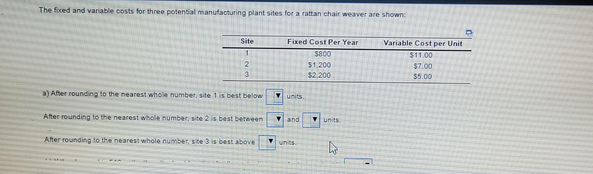 The fixed and variable costs for three potential