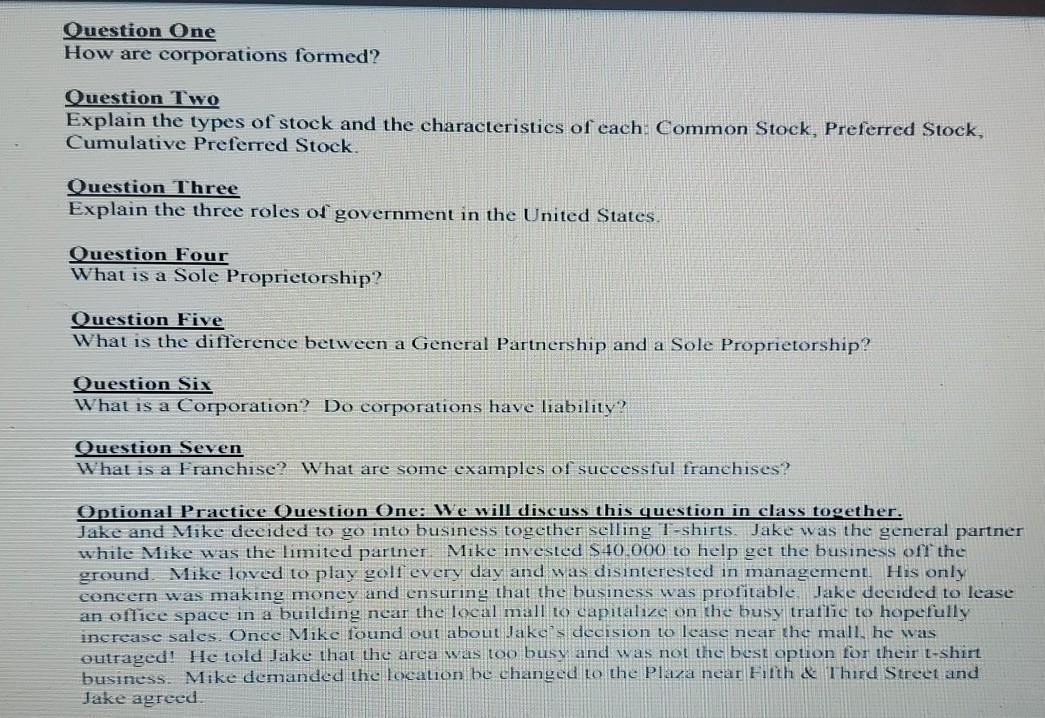 Question One How are corporations formed?