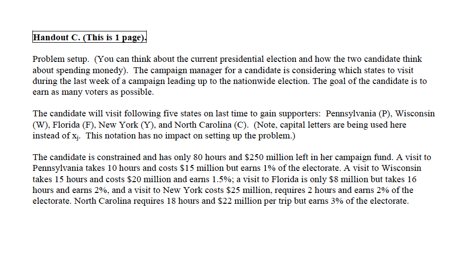 Handout C. (This is 1 page). Problem setup. (You