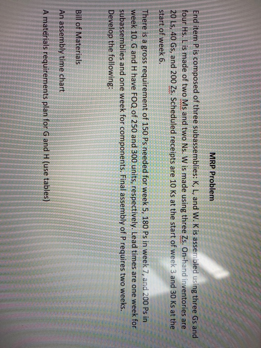 MRP Problem End item P is composed of three