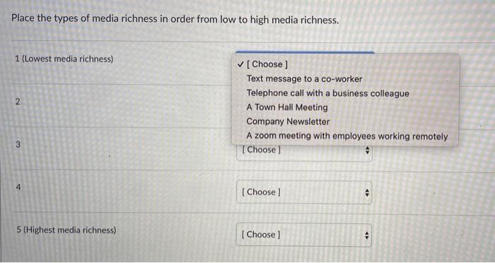 Place the types of media richness in order from