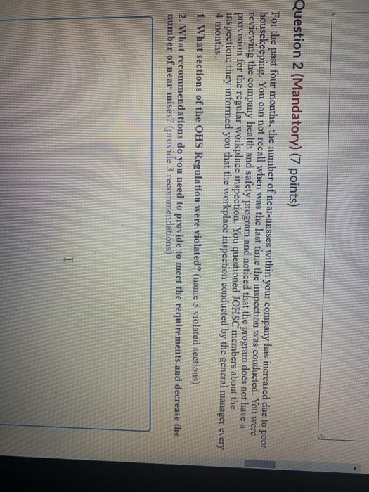 Question 2 (Mandatory) (7 points) For the past