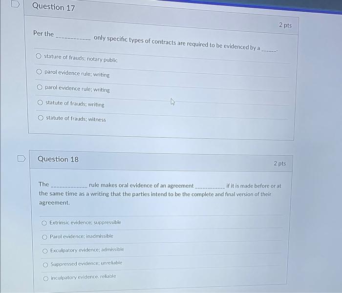 Question 17 Per the .......... 2 pts stature of
