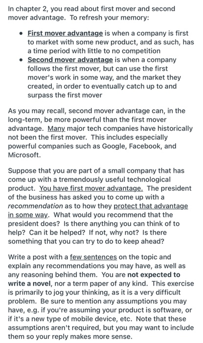 In chapter 2, you read about first mover and