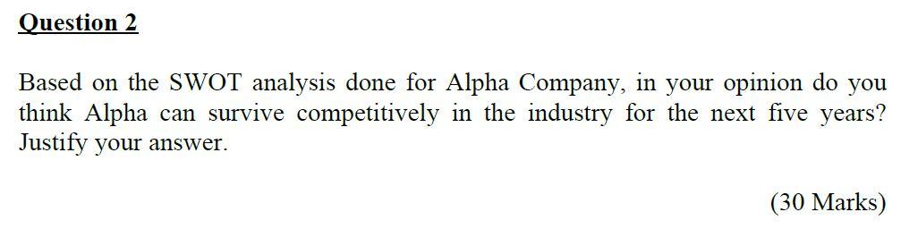 Question 2 Based on the SWOT analysis done for