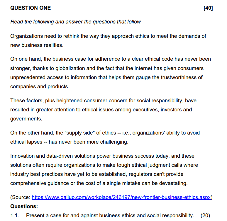 QUESTION ONE Read the following and answer the