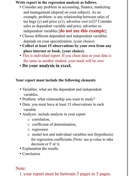 Write report in the regression analysis as