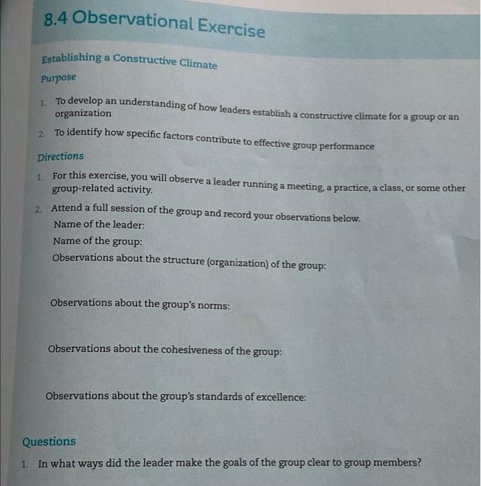 Question 8.4 Observational Exercise Establishing