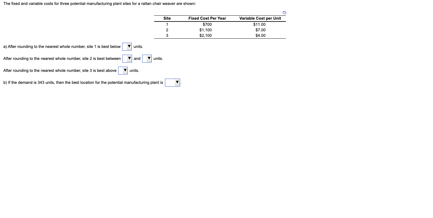 The fixed and variable costs for three potential