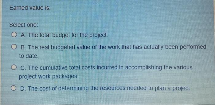 Earned value is: Select one: O A. The total