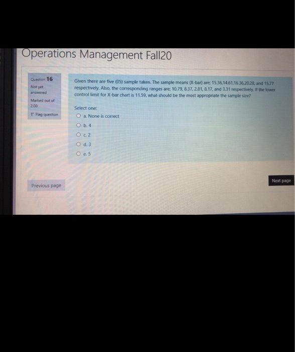 Operations Management Fall20 Question 16 Not yet