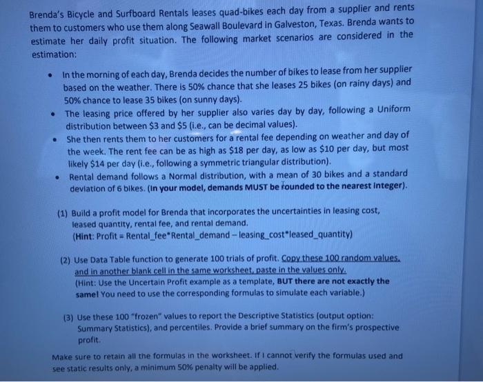 answer with formulas in excel only! Brenda's