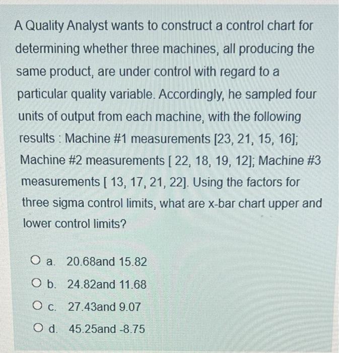 A Quality Analyst wants to construct a control