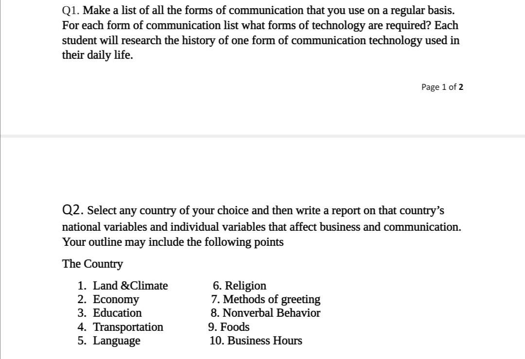 Please answer all questions Q1. Make a list of