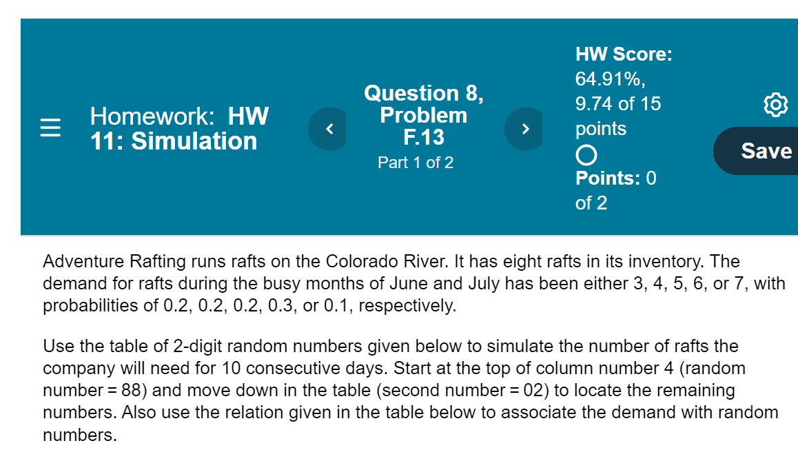 HW Score: 64.91%, 9.74 of 15 Homework: HW