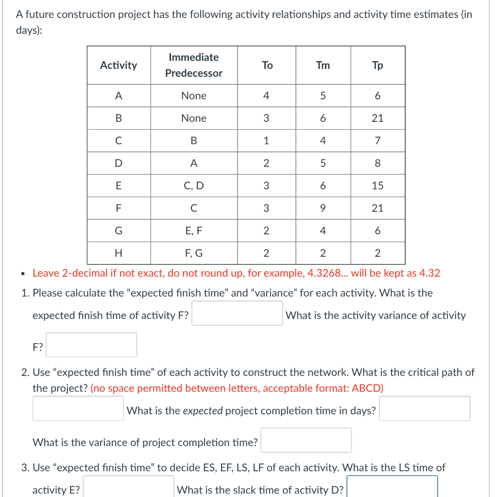 A future construction project has the following