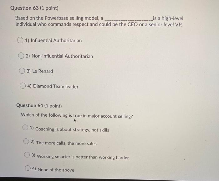 Question 63 (1 point) Based on the Powerbase
