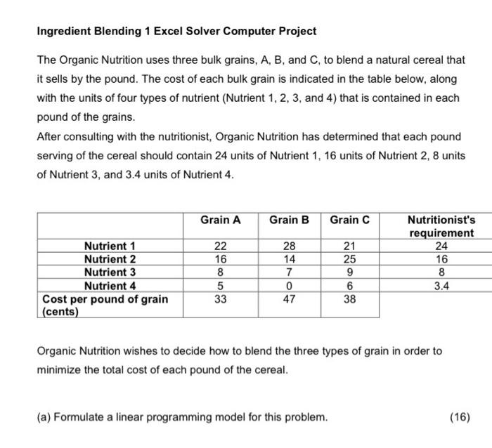 Ingredient Blending 1 Excel Solver Computer