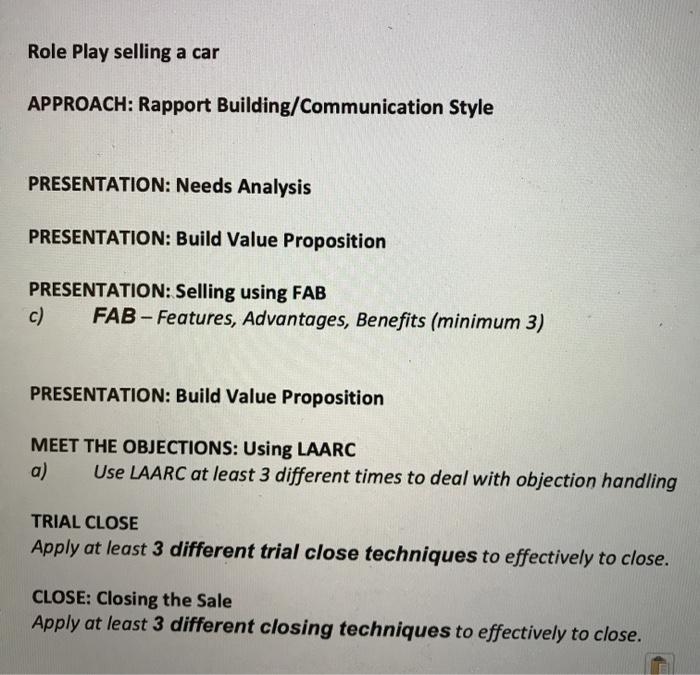 Role Play selling a car APPROACH: Rapport