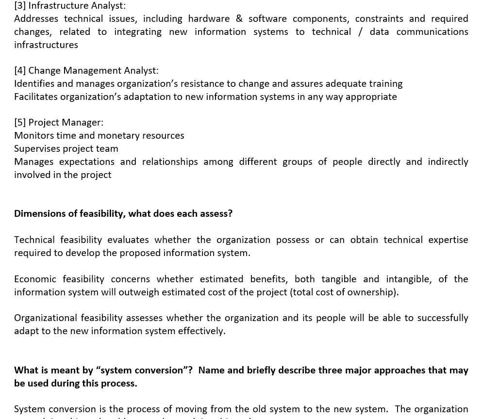 Brief descriptions of the major roles of a