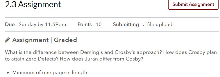 2.3 Assignment Submit Assignment Due Sunday by