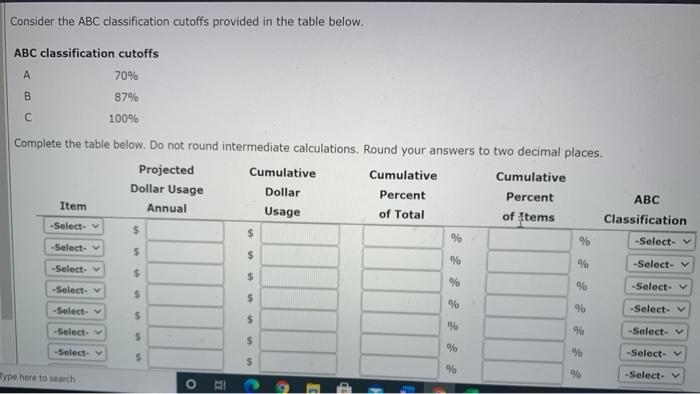 Perform an ABC analysis for the data provided in