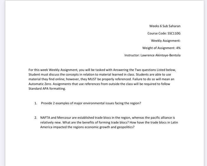 Weeks 6 Sub Saharan Course Code: SSC110G Weekly