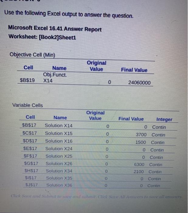 Use the following Excel output to answer the