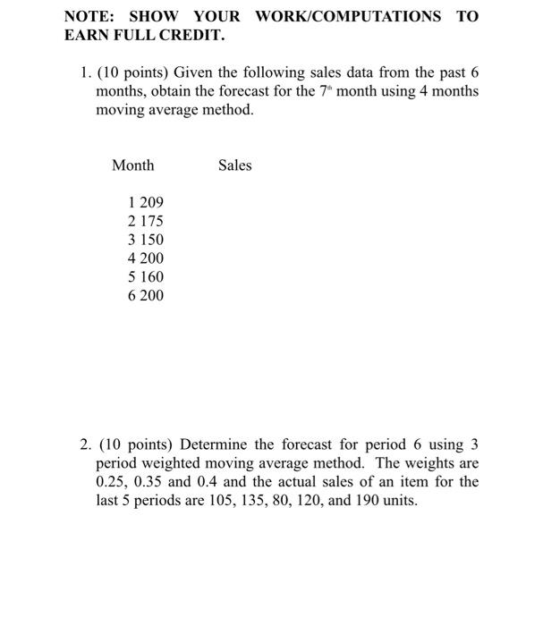 NOTE: SHOW YOUR WORK/COMPUTATIONS TO EARN FULL