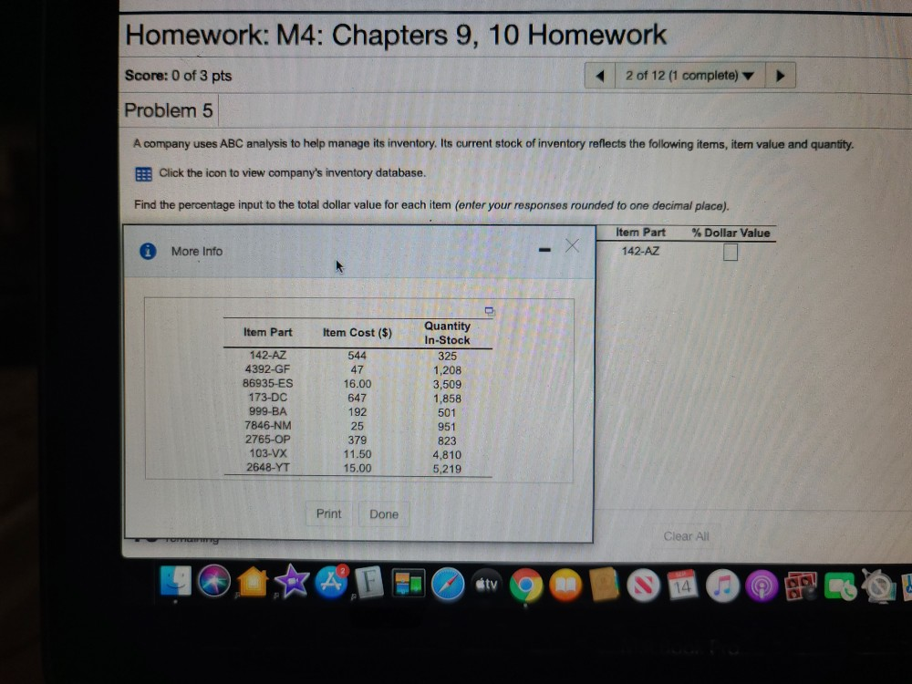 Find the total dollar value for each item part on