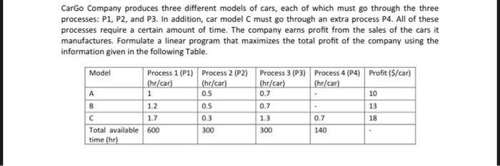 Cargo Company produces three different models of