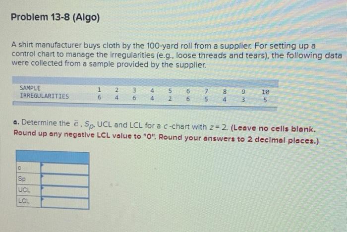 Problem 13-8 (Algo) A shirt manufacturer buys
