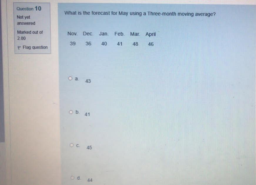 Question 10 What is the forecast for May using a