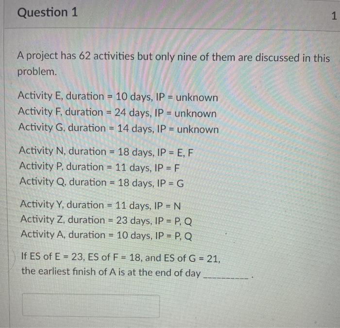 Question 1 1 A project has 62 activities but only
