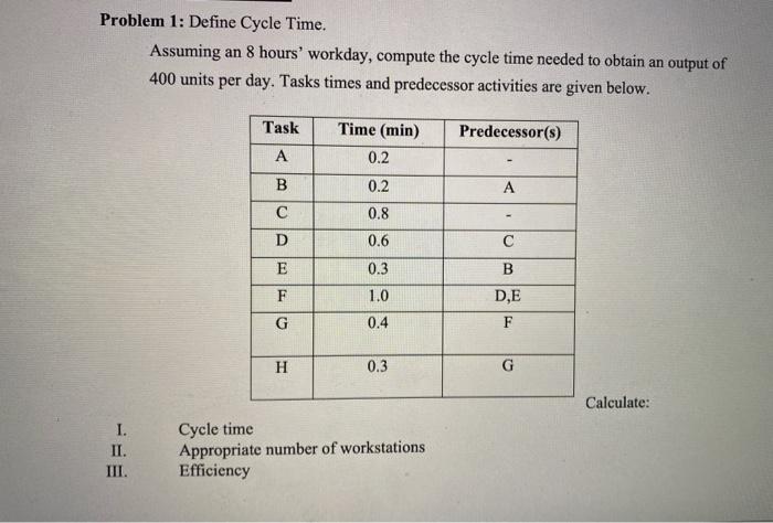 Problem 1: Define Cycle Time. Assuming an 8